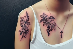 a string of hearts realistic looking bohemian plant tattoo dangling on a woman's shoulder intertwined with wildflowers tattoo idea