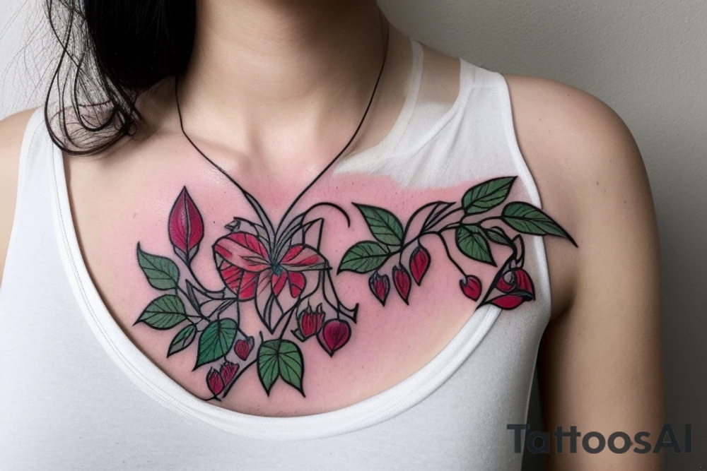 a delicate bleeding heart plant tattoo dangling on a woman's shoulder intertwined with wildflowers. botanical, bohemian with fine lines tattoo idea