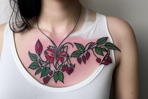 a delicate bleeding heart plant tattoo dangling on a woman's shoulder intertwined with wildflowers. botanical, bohemian with fine lines tattoo idea