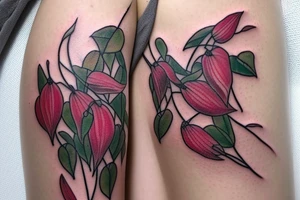 a delicate bleeding heart plant tattoo dangling on a woman's shoulder intertwined with wildflowers. botanical, bohemian with fine lines tattoo idea