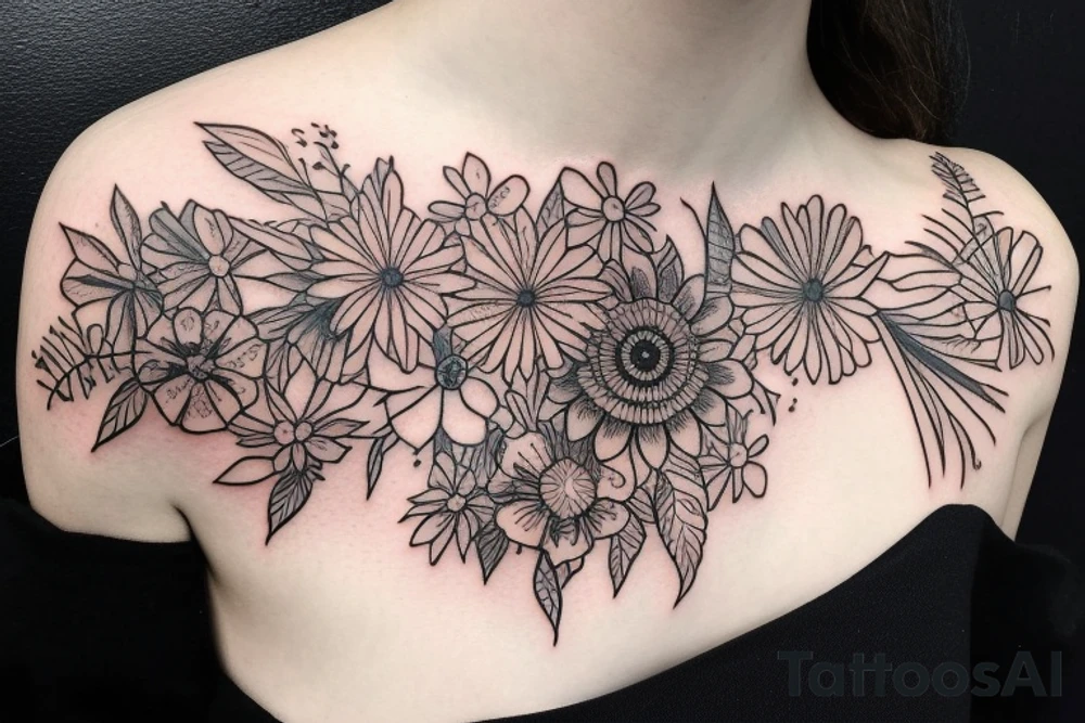 a delicate wildflower arrangement on woman's shoulder botanical, bohemian with fine lines tattoo idea