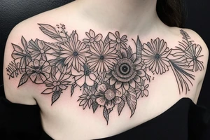 a delicate wildflower arrangement on woman's shoulder botanical, bohemian with fine lines tattoo idea