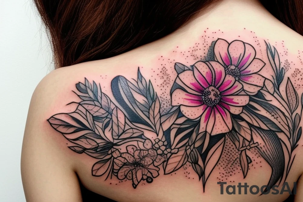 a delicate wildflower arrangement on woman's shoulder botanical, bohemian with fine lines tattoo idea