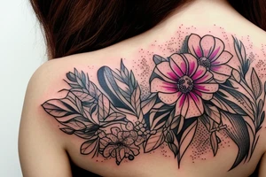a delicate wildflower arrangement on woman's shoulder botanical, bohemian with fine lines tattoo idea