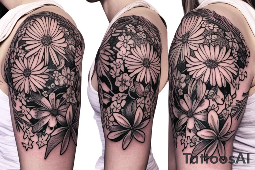 a delicate wildflower arrangement on woman's shoulder botanical, bohemian with fine lines tattoo idea