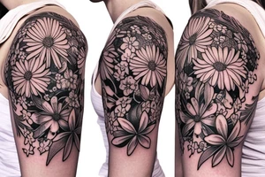 a delicate wildflower arrangement on woman's shoulder botanical, bohemian with fine lines tattoo idea