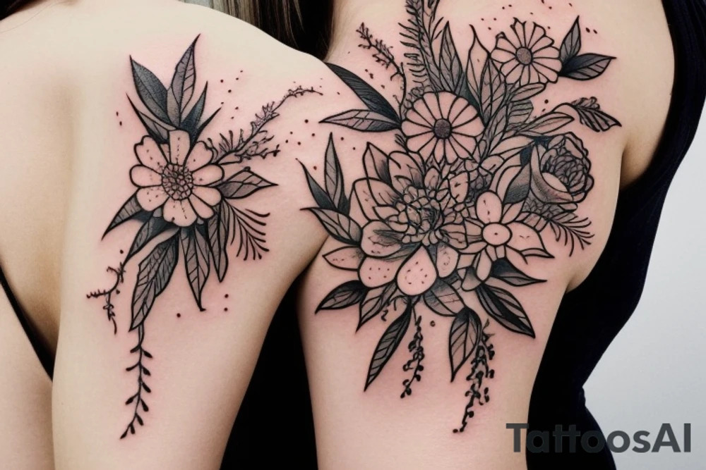a delicate wildflower arrangement on woman's shoulder botanical, bohemian with fine lines tattoo idea