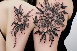a delicate wildflower arrangement on woman's shoulder botanical, bohemian with fine lines tattoo idea