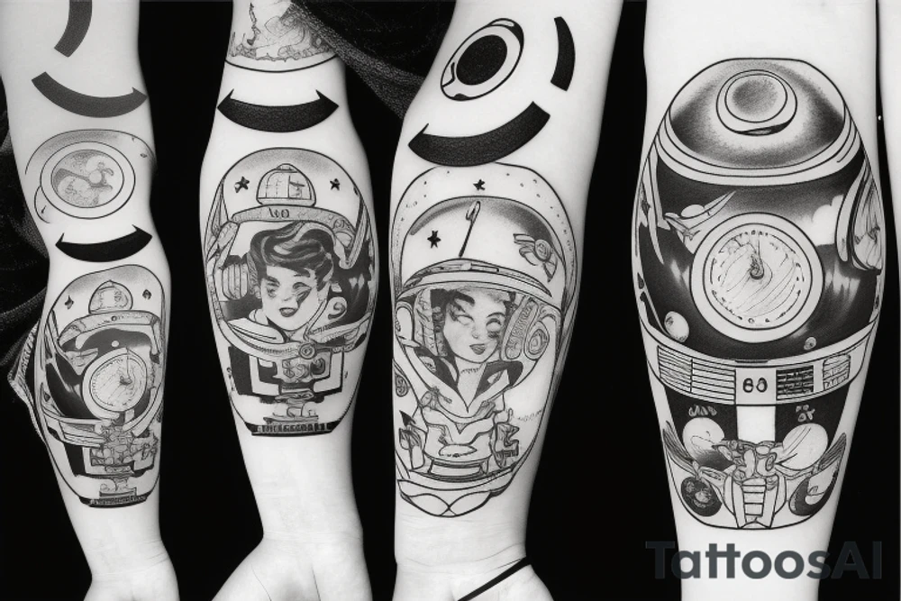 retro 50's tatto with a space theme, sailor style tattoo idea
