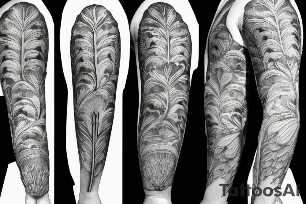Acanthus leaf with statues on a sleeve tattoo idea