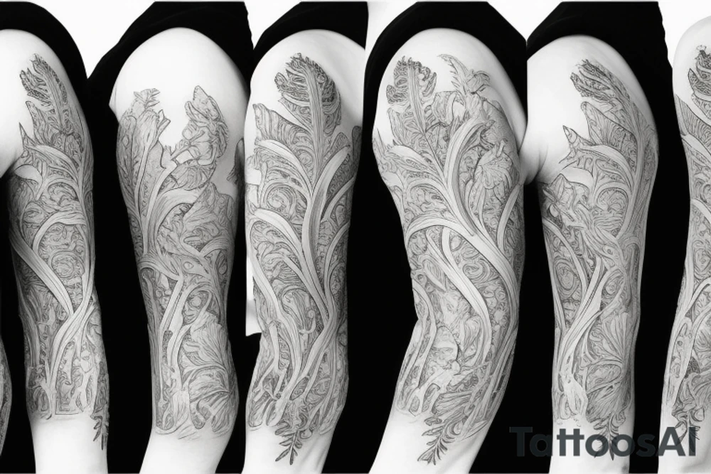 Acanthus leaf with statues on a sleeve tattoo idea