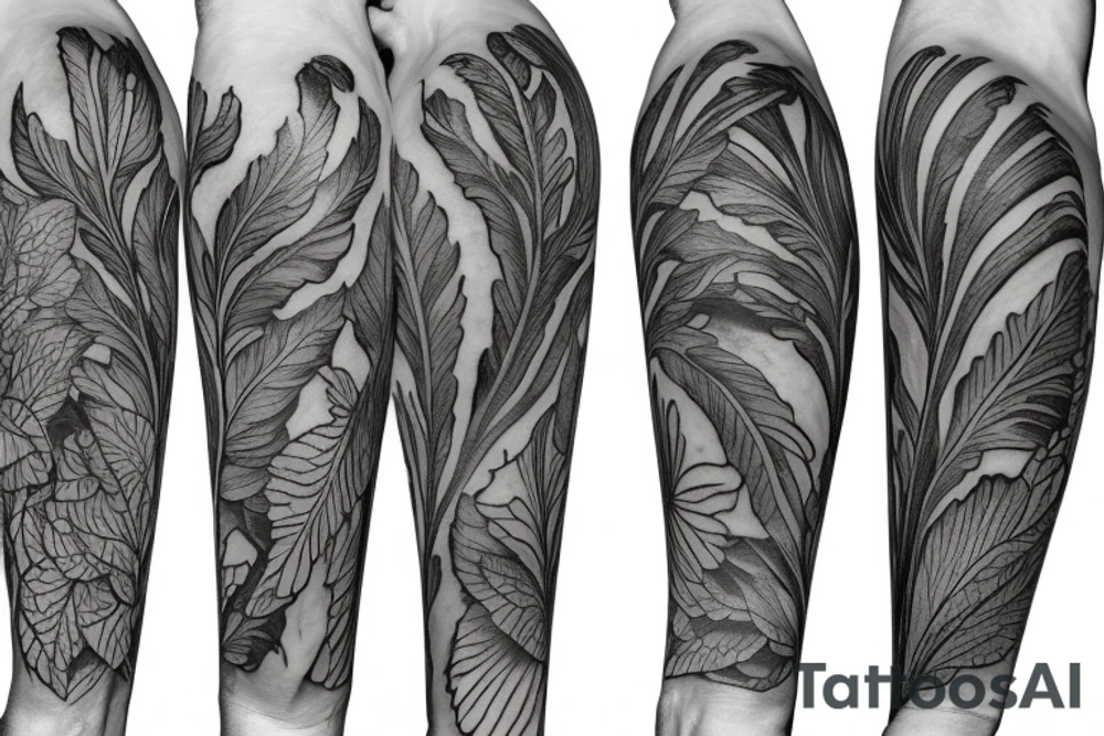 Acanthus leaf with statues on a sleeve tattoo idea