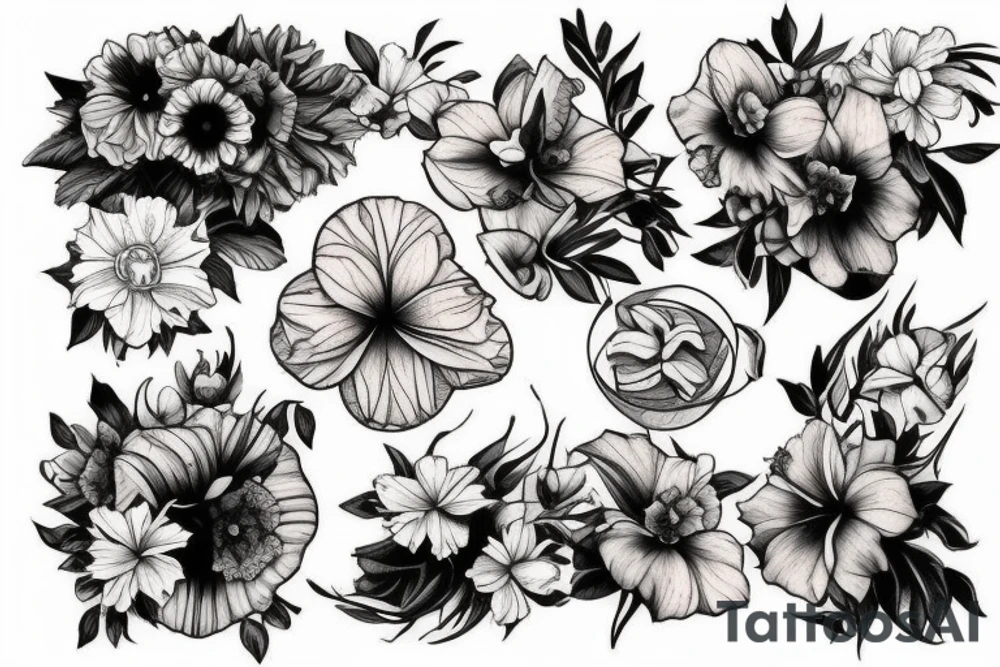 black and white realistic hip tattoos with a carnation, daffodil, honeysuckle, rose, larkspur, Gladiolus, morning glory, marigold, cosmos, and chrysanthemum tattoo idea