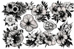 black and white realistic hip tattoos with a carnation, daffodil, honeysuckle, rose, larkspur, Gladiolus, morning glory, marigold, cosmos, and chrysanthemum tattoo idea
