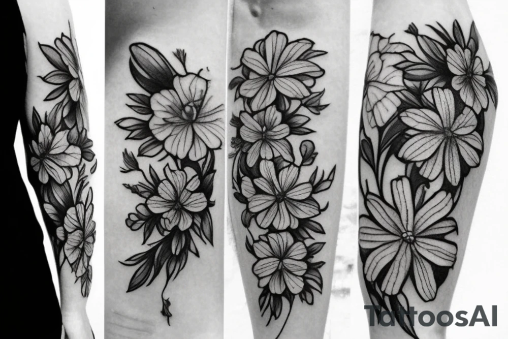 black and white realistic hip tattoos with a carnation, daffodil, honeysuckle, rose, larkspur, Gladiolus, morning glory, marigold, cosmos, and chrysanthemum tattoo idea