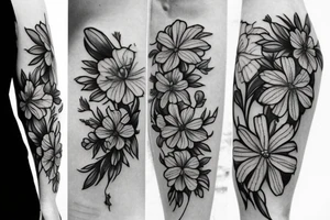 black and white realistic hip tattoos with a carnation, daffodil, honeysuckle, rose, larkspur, Gladiolus, morning glory, marigold, cosmos, and chrysanthemum tattoo idea