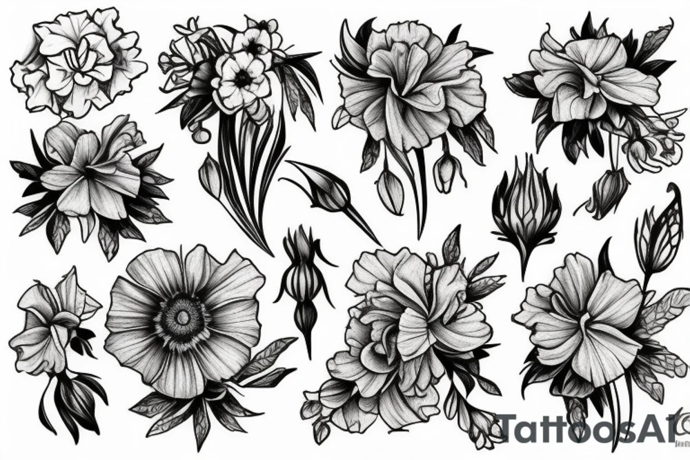 realistic hip tattoos with a carnation, daffodil, honeysuckle, rose, larkspur, Gladiolus, morning glory, marigold, cosmos, and chrysanthemum. tattoo idea