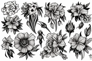 realistic hip tattoos with a carnation, daffodil, honeysuckle, rose, larkspur, Gladiolus, morning glory, marigold, cosmos, and chrysanthemum. tattoo idea