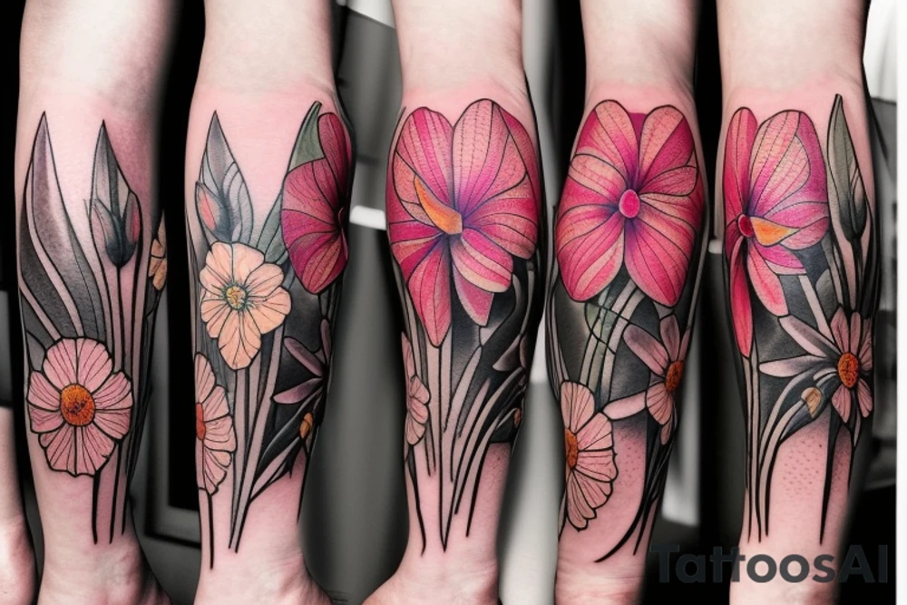 realistic thigh tattoos with a carnation, daffodil, honeysuckle, rose, larkspur, Gladiolus, morning glory, marigold, cosmos, and chrysanthemum. tattoo idea