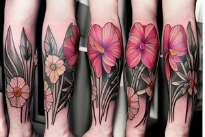 realistic thigh tattoos with a carnation, daffodil, honeysuckle, rose, larkspur, Gladiolus, morning glory, marigold, cosmos, and chrysanthemum. tattoo idea
