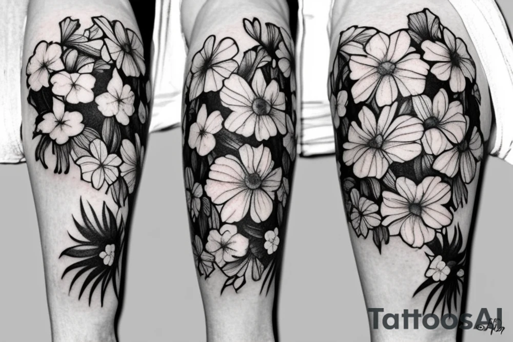 realistic thigh tattoos with a carnation, daffodil, honeysuckle, rose, larkspur, Gladiolus, morning glory, marigold, cosmos, and chrysanthemum. tattoo idea