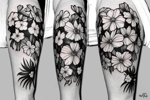 realistic thigh tattoos with a carnation, daffodil, honeysuckle, rose, larkspur, Gladiolus, morning glory, marigold, cosmos, and chrysanthemum. tattoo idea