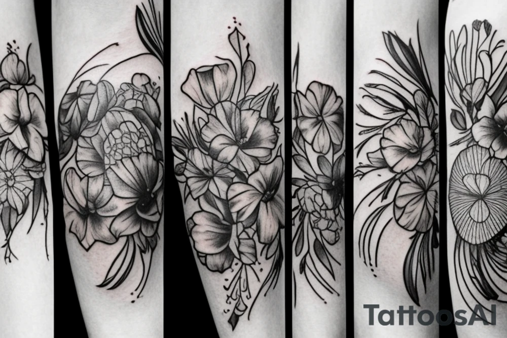 thigh tattoos with a carnation, daffodil, honeysuckle, rose, larkspur, Gladiolus, morning glory, marigold, cosmos, and chrysanthemum. tattoo idea