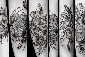thigh tattoos with a carnation, daffodil, honeysuckle, rose, larkspur, Gladiolus, morning glory, marigold, cosmos, and chrysanthemum. tattoo idea