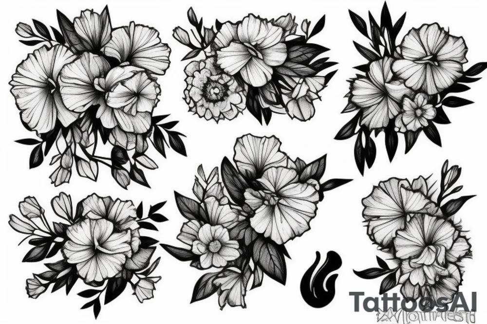 thigh tattoos with a carnation, daffodil, honeysuckle, rose, larkspur, Gladiolus, morning glory, marigold, cosmos, and chrysanthemum. tattoo idea