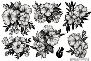 thigh tattoos with a carnation, daffodil, honeysuckle, rose, larkspur, Gladiolus, morning glory, marigold, cosmos, and chrysanthemum. tattoo idea
