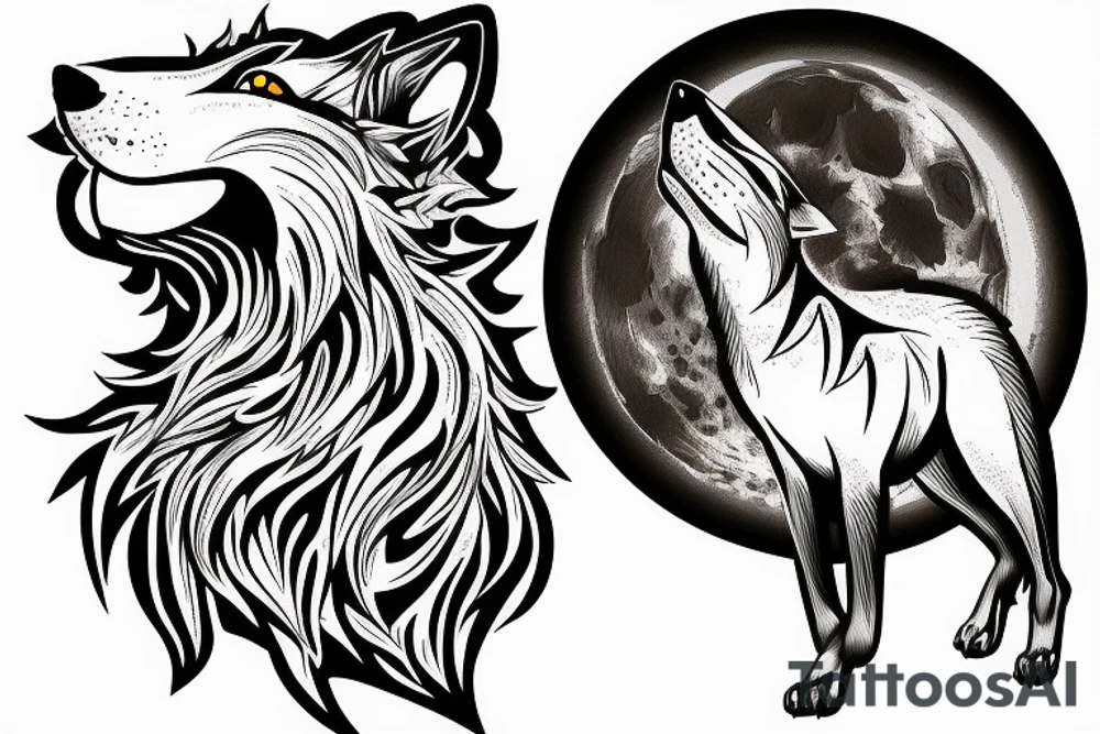 Sitting wolf howling at moon tattoo idea