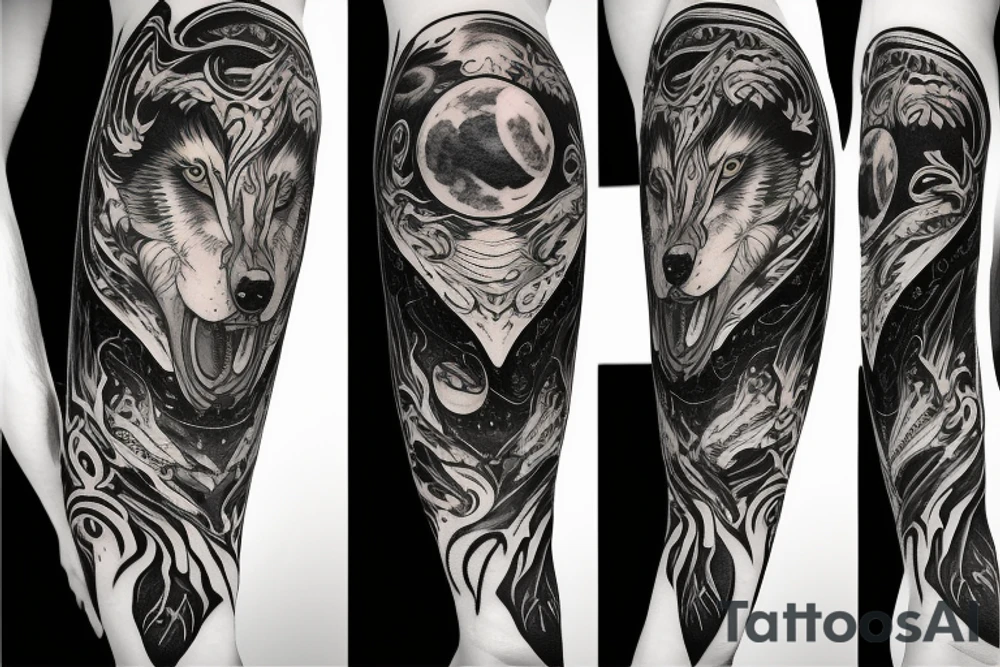 Sitting wolf howling at moon tattoo idea