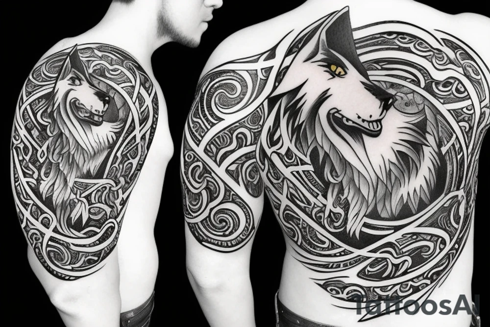 Sitting wolf howling at moon tattoo idea