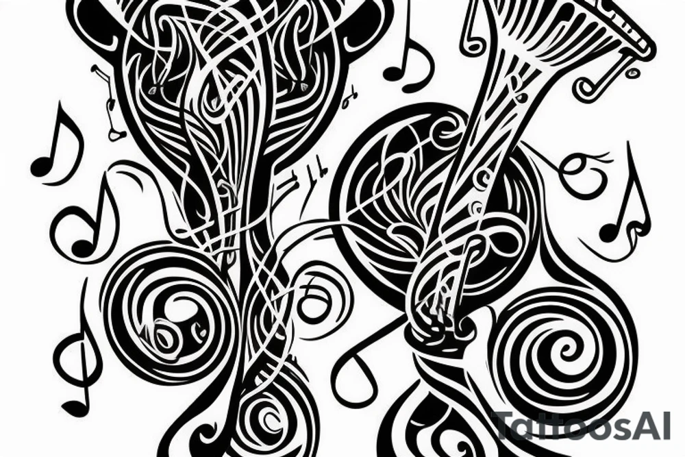 Trumpet that looks like a trumpet flower with vines with small flowers around the trumpet and music notes coming out of the flowers tattoo idea