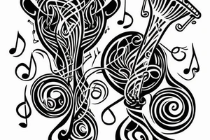 Trumpet that looks like a trumpet flower with vines with small flowers around the trumpet and music notes coming out of the flowers tattoo idea