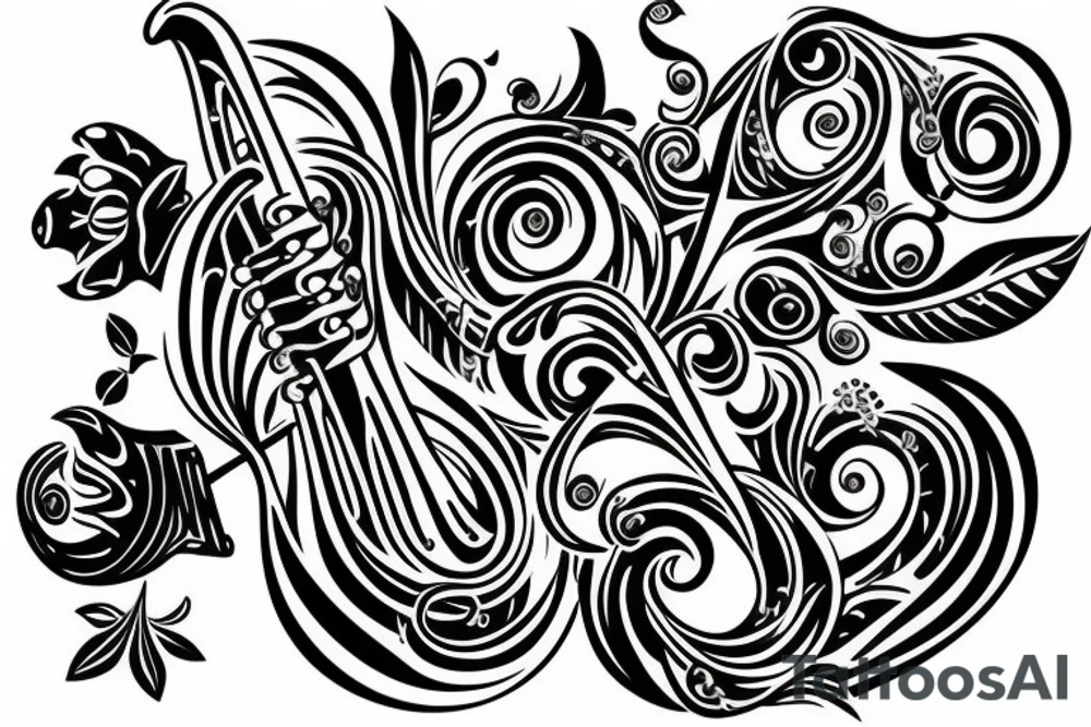 Trumpet that looks like a trumpet flower with vines with small flowers around the trumpet and music notes coming out of the flowers tattoo idea