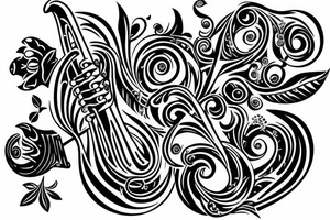 Trumpet that looks like a trumpet flower with vines with small flowers around the trumpet and music notes coming out of the flowers tattoo idea