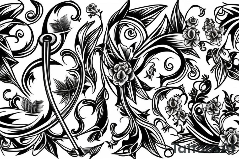 Trumpet that looks like a trumpet flower with vines with small flowers around the trumpet and music notes coming out of the flowers tattoo idea
