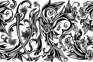 Trumpet that looks like a trumpet flower with vines with small flowers around the trumpet and music notes coming out of the flowers tattoo idea