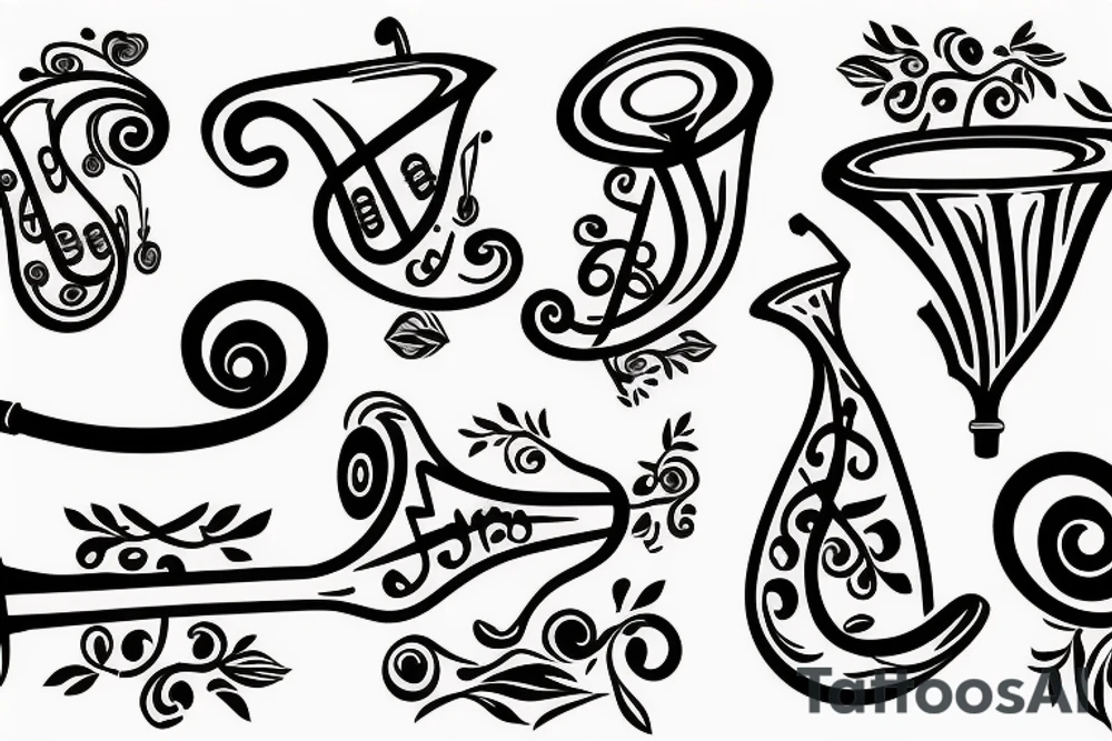 Trumpet that looks like a trumpet flower with vines with small flowers around the trumpet and music notes coming out of the flowers tattoo idea