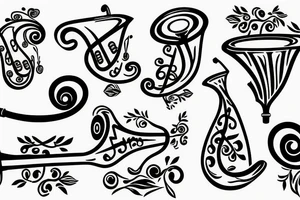 Trumpet that looks like a trumpet flower with vines with small flowers around the trumpet and music notes coming out of the flowers tattoo idea
