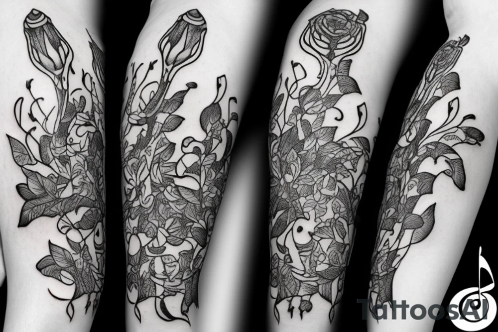 Trumpet that looks like a trumpet flower with vines with small flowers around the trumpet and music notes coming out of the flowers tattoo idea