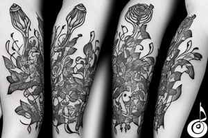 Trumpet that looks like a trumpet flower with vines with small flowers around the trumpet and music notes coming out of the flowers tattoo idea