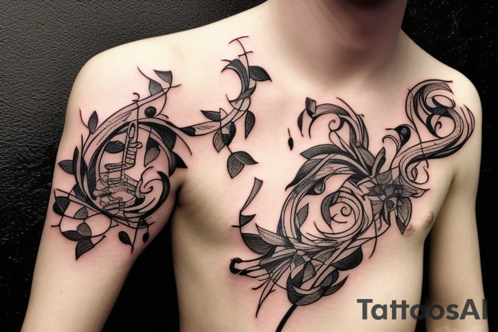 Trumpet that looks like a trumpet flower with vines with small flowers around the trumpet and music notes coming out of the flowers tattoo idea