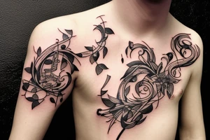Trumpet that looks like a trumpet flower with vines with small flowers around the trumpet and music notes coming out of the flowers tattoo idea