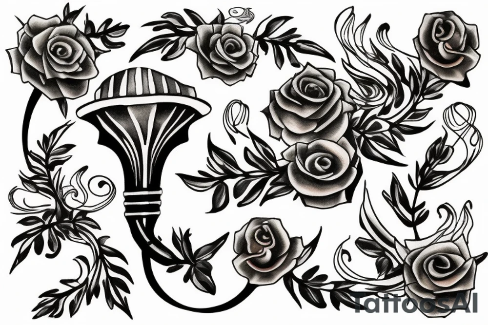 Trumpet that looks like a trumpet flower with vines with small flowers around the trumpet and music notes coming out of the flowers tattoo idea