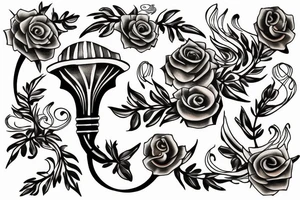 Trumpet that looks like a trumpet flower with vines with small flowers around the trumpet and music notes coming out of the flowers tattoo idea