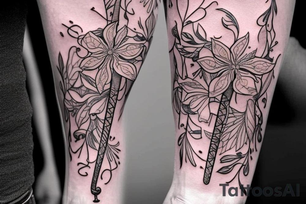 Trumpet that looks like a trumpet flower with vines with small flowers around the trumpet and music notes coming out of the flowers tattoo idea