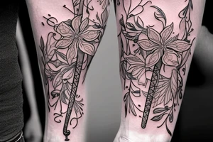 Trumpet that looks like a trumpet flower with vines with small flowers around the trumpet and music notes coming out of the flowers tattoo idea