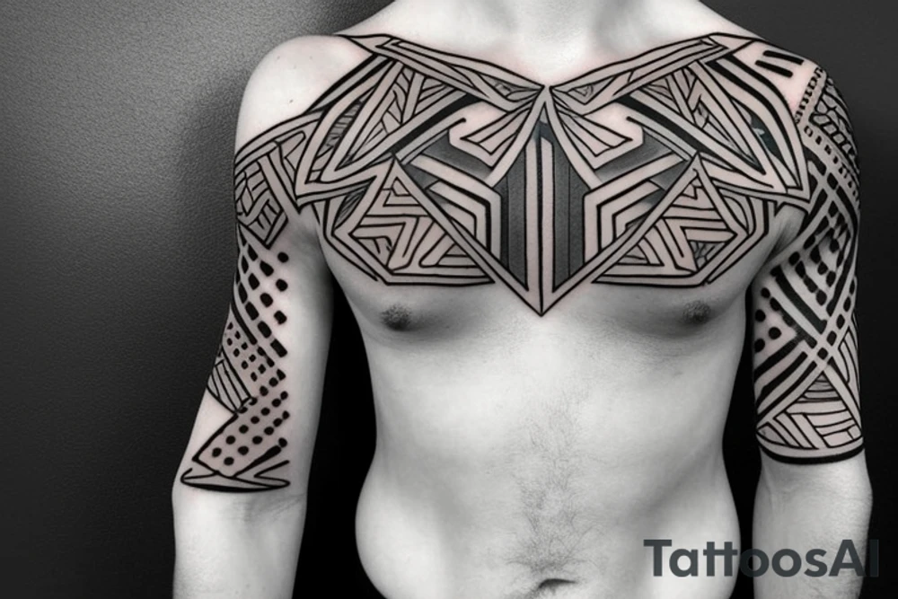 sleeve and chest tattoo stensil, joshua 1:9,  geometric, triangles, circle, wakanda, geometric art style tattoo idea